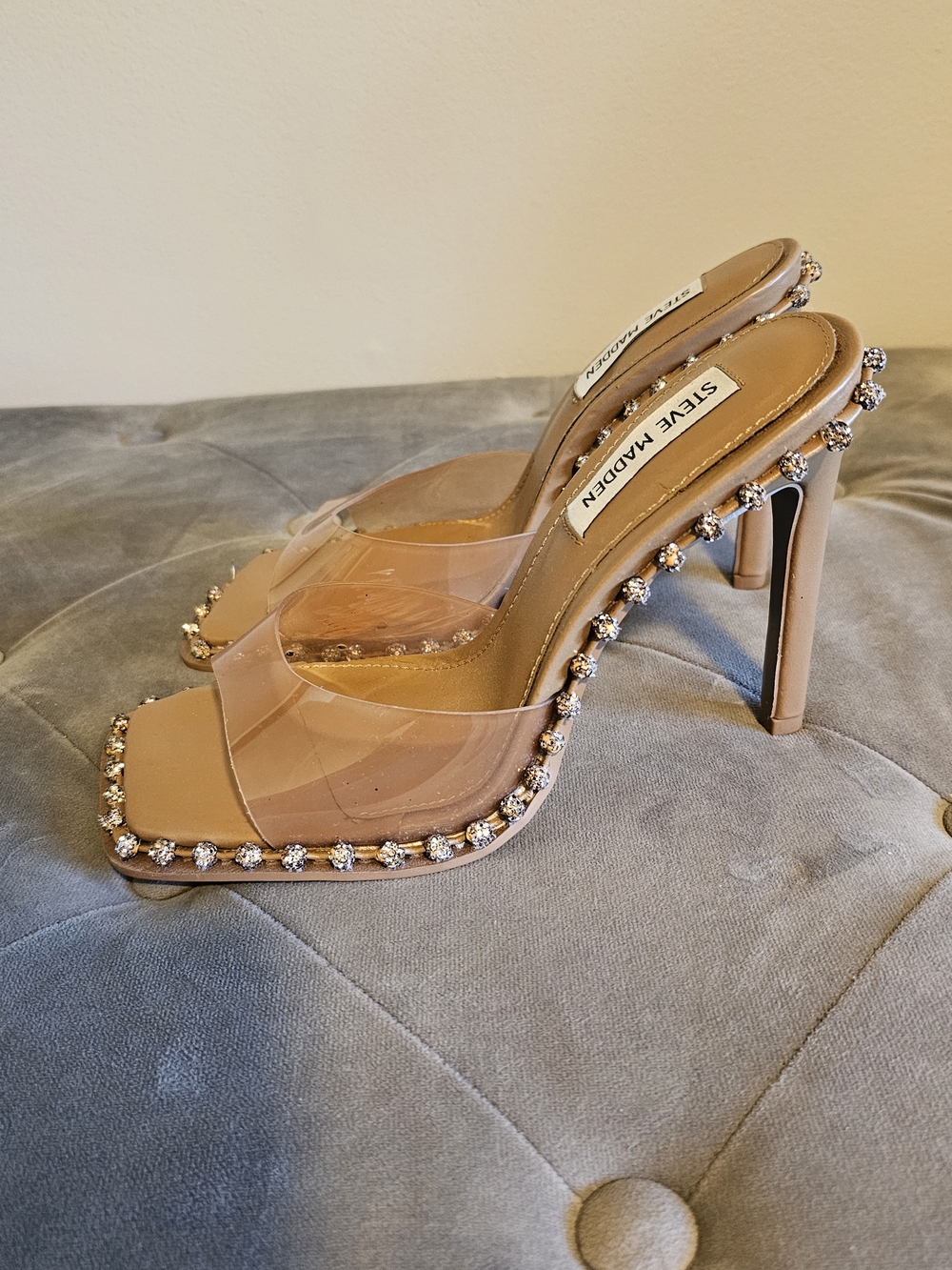 Steve Madden Nude Crystal-Trim High Heel Mules